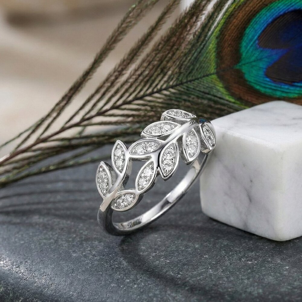 925 Sterling Silver Cubic Zirconia Leaf Branch Ring Size 8 Nature Boho Minimal